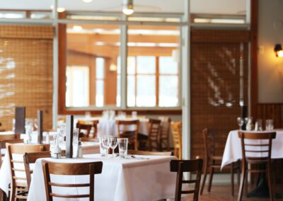 An empty restaurant with large windows