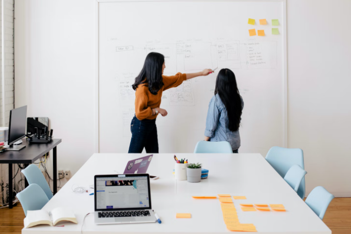 Two women discussing something on a whiteboard with several post-it notes. 