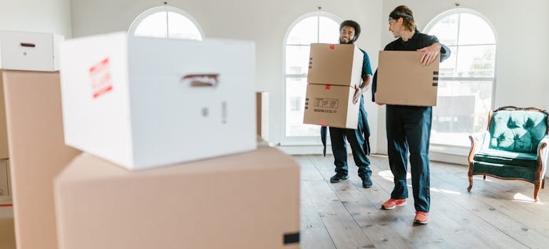 Two movers Alameda CA holding cardboard boxes.