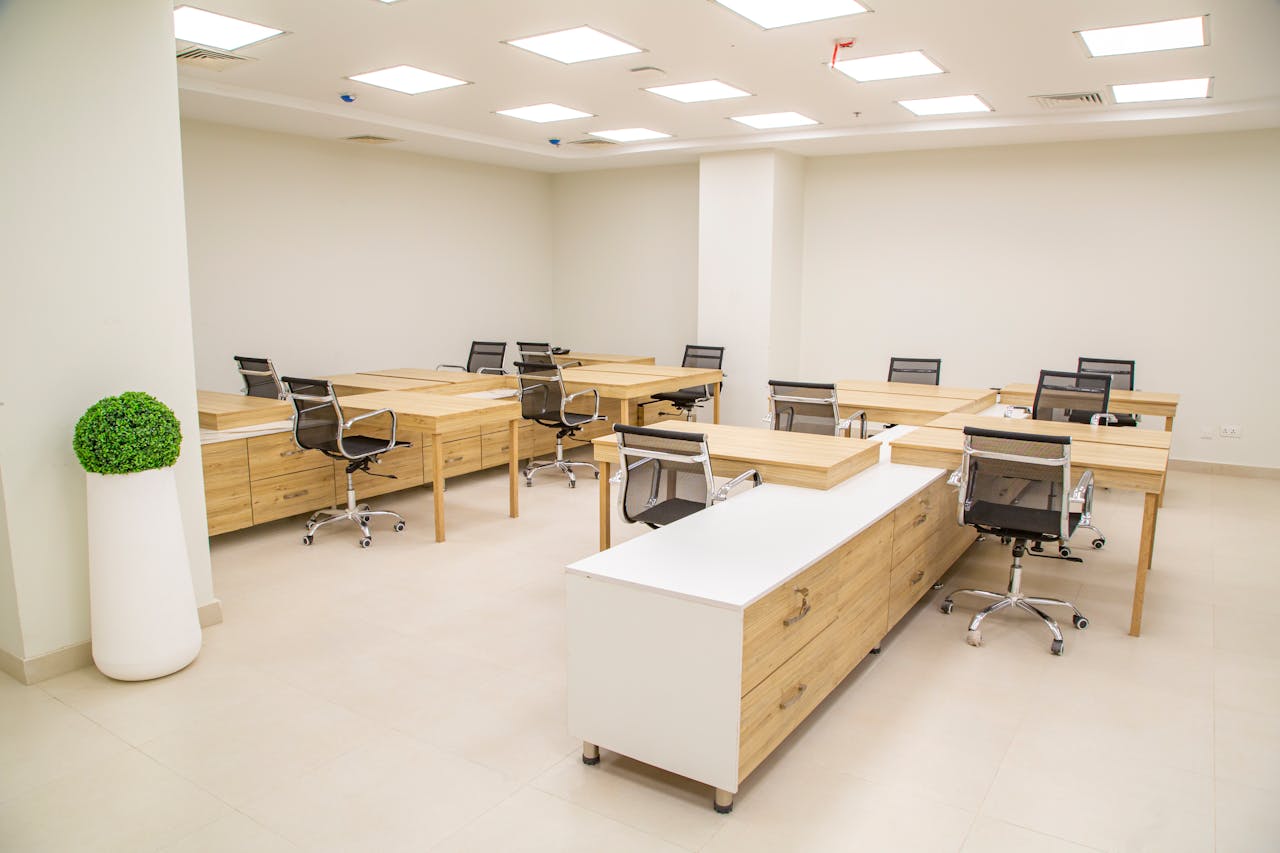 Tables and chairs in an office.