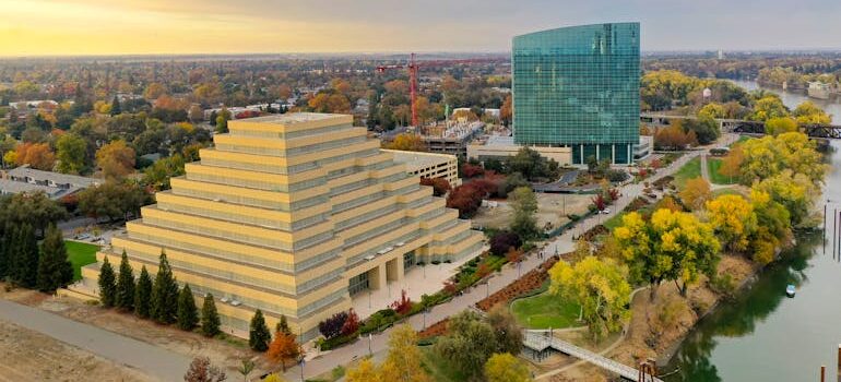 Aerial View of Sacramento's Iconic Ziggurat and River