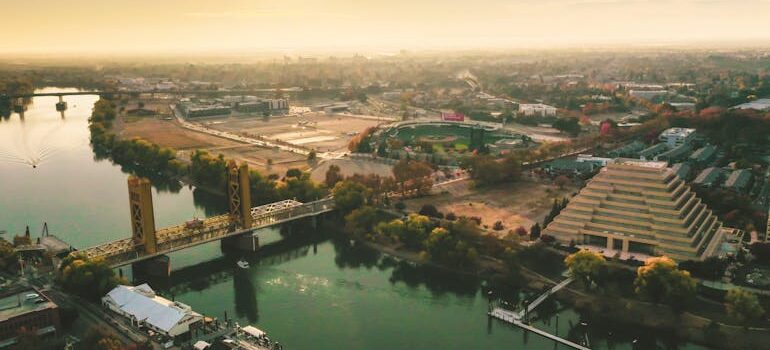 Aerial View of Sacramento Tower Bridge at Sunset
